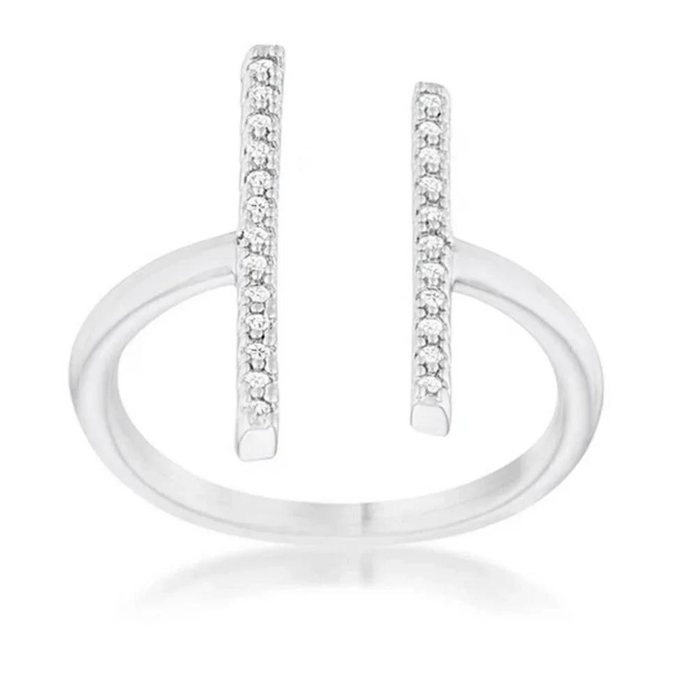 Wide Parallel Lines Open Band Cz Clear Cubic Zirconia Cross Silver Brass Ring 8